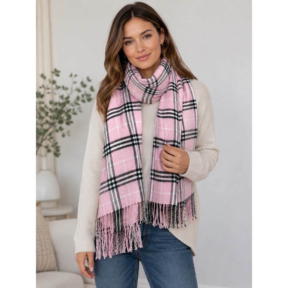 Rong Jia‎ Scarf Cashmere Fringe Trim Pink Tartan Plaid Shawl Wrap Cozy